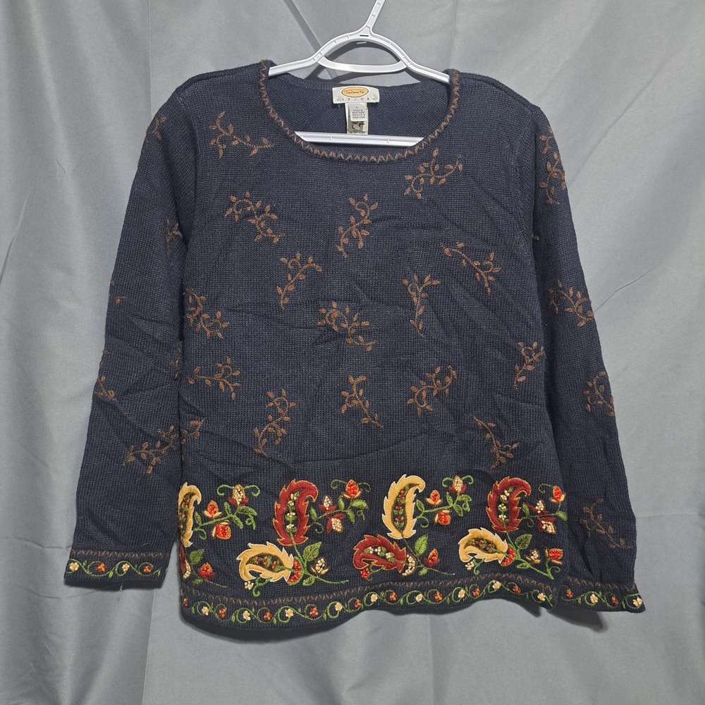 Talbots Petite LARGE LP Floral Paisley‎ Embroidered Long Sleeve Sweater Black